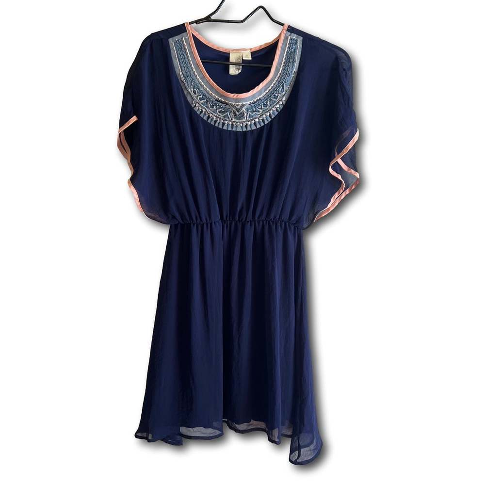 Francesca's Women Navy Blue Beaded Collar Dress Size M Flowy USA Made